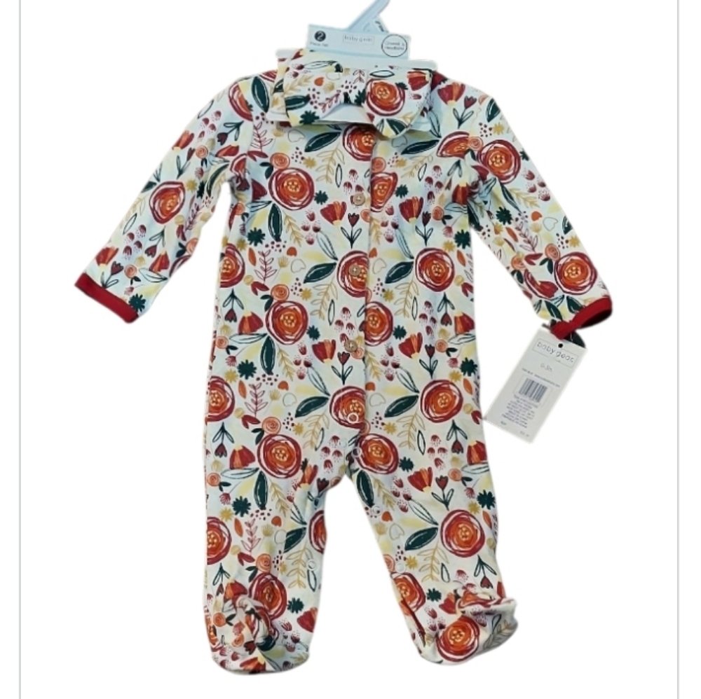 NWT 2 PC Baby Gear By Cutie Pie Vibrant Flower Coverall And Headband ~sz 0-3M